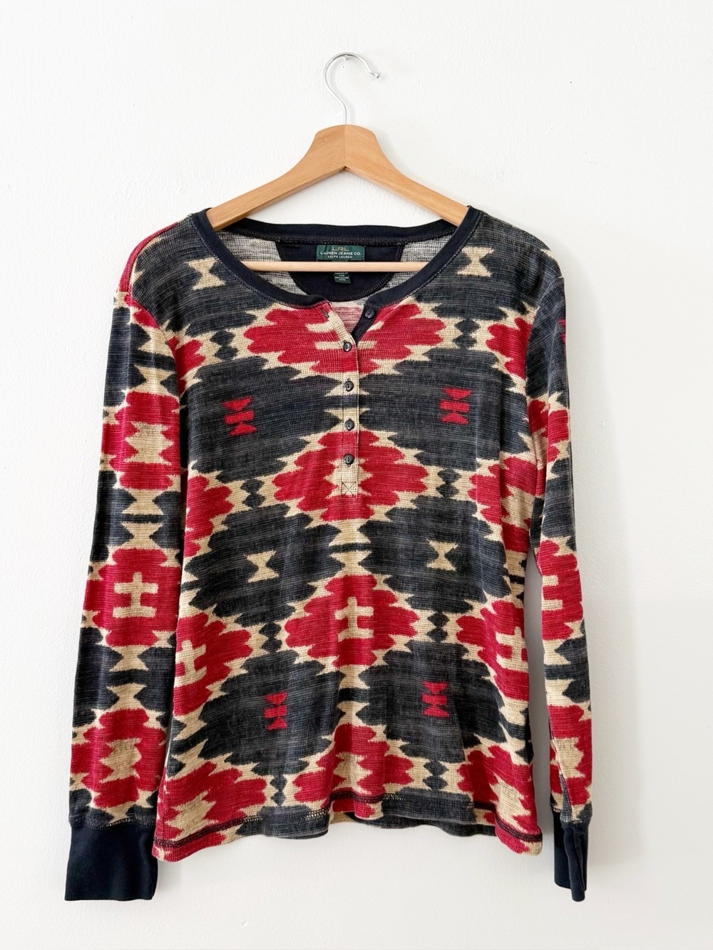 LRL Lauren Ralph Lauren Henley Shirt Top Womens Large Aztec Tribal Long Sleeve.